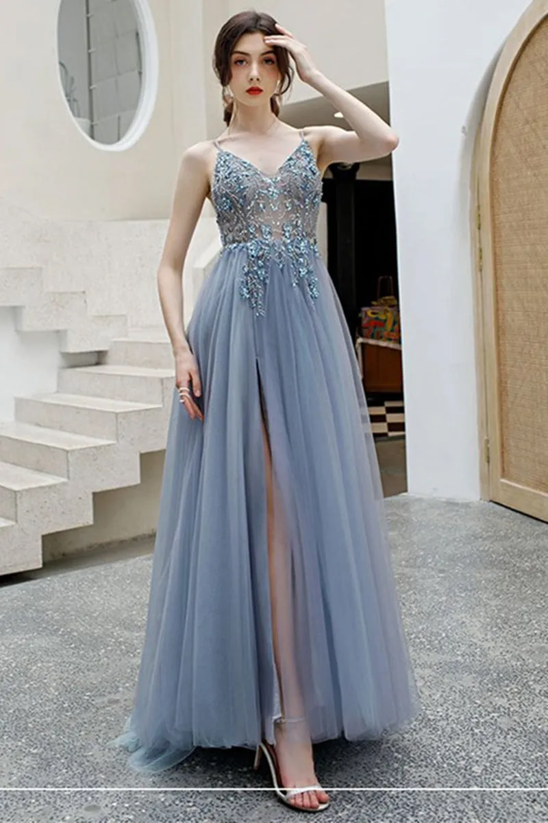 Elegant V Neck Backless Grey Long Beaded Prom Dress with Slit, Backless Grey Beaded Formal Graduation Evening Dress