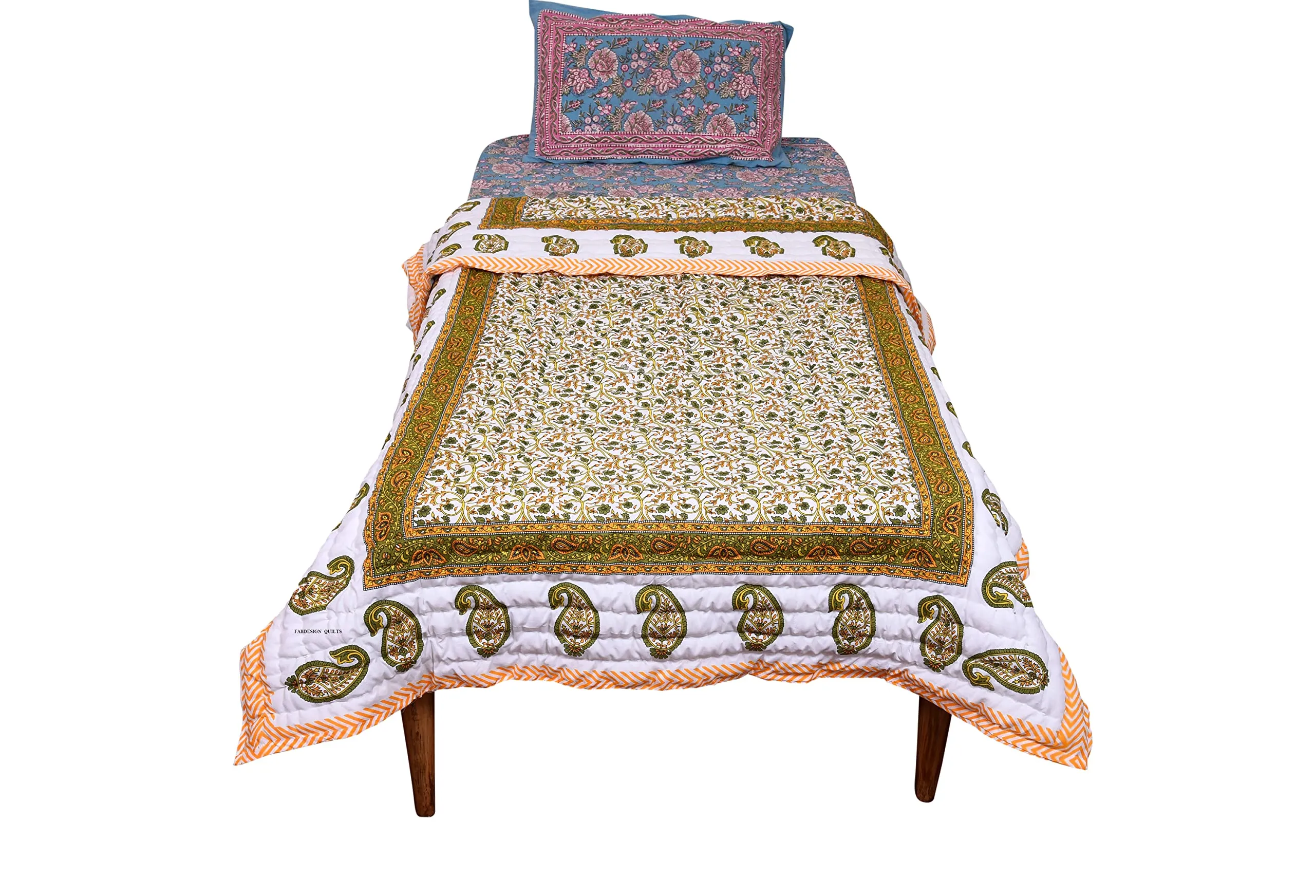 FABDESIGN QUILTS 400 TC Jaipuri Light Weight Pure Cotton Traditional Rajasthani Print Color Yellow Buta Quilt/Razai/Rajai (Single Bed - Set of 1)