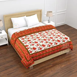 FABDESIGN QUILTS Mughal Jaal Block Print Quilt | Double Bed Cotton Traditional Floral Printed Razai | Lightweight Bedding Quilts | Winter Heavy Quilt Blanket(88X105inch) (Orange)