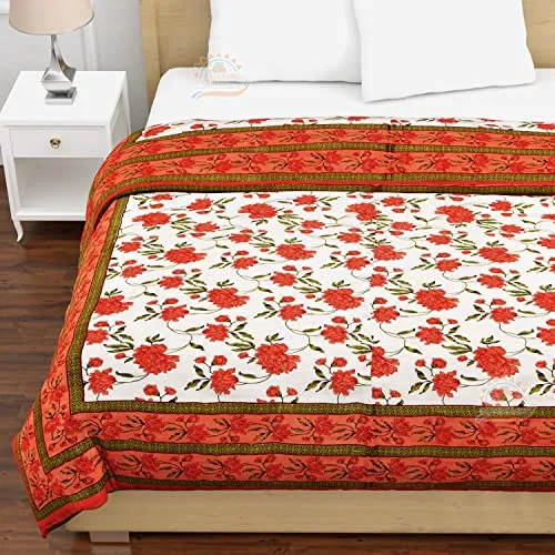 FABDESIGN QUILTS Mughal Jaal Block Print Quilt | Double Bed Cotton Traditional Floral Printed Razai | Lightweight Bedding Quilts | Winter Heavy Quilt Blanket(88X105inch) (Orange)