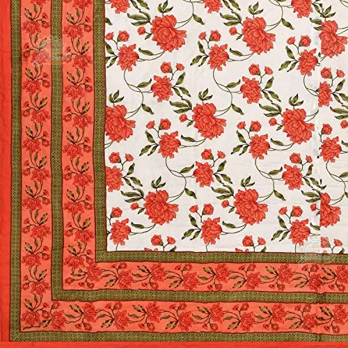 FABDESIGN QUILTS Mughal Jaal Block Print Quilt | Double Bed Cotton Traditional Floral Printed Razai | Lightweight Bedding Quilts | Winter Heavy Quilt Blanket(88X105inch) (Orange)