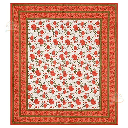 FABDESIGN QUILTS Mughal Jaal Block Print Quilt | Double Bed Cotton Traditional Floral Printed Razai | Lightweight Bedding Quilts | Winter Heavy Quilt Blanket(88X105inch) (Orange)