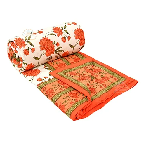 FABDESIGN QUILTS Mughal Jaal Block Print Quilt | Double Bed Cotton Traditional Floral Printed Razai | Lightweight Bedding Quilts | Winter Heavy Quilt Blanket(88X105inch) (Orange)