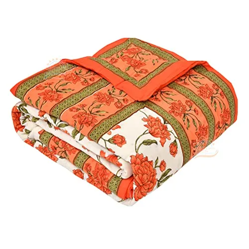 FABDESIGN QUILTS Mughal Jaal Block Print Quilt | Double Bed Cotton Traditional Floral Printed Razai | Lightweight Bedding Quilts | Winter Heavy Quilt Blanket(88X105inch) (Orange)