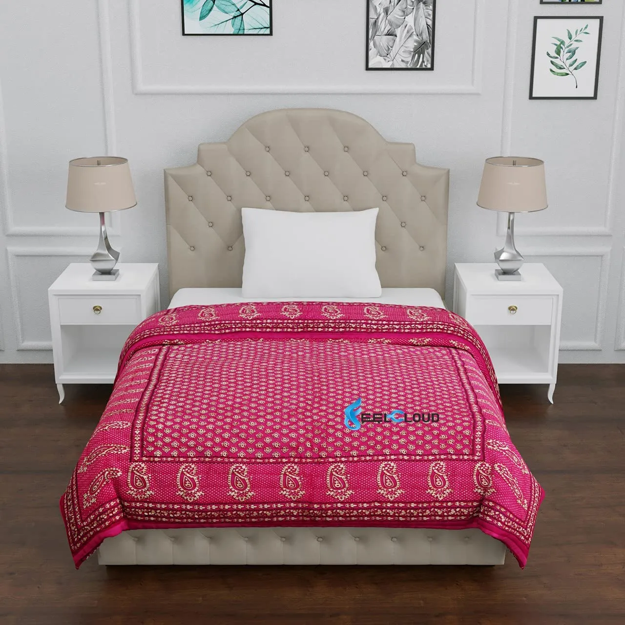 FEELRAX Jaipuri Razai Rajsthani Traditional Hand Stitched Block White Elephant Printed Pure Cotton King Size Ac Quilt Soft Light Weight Winter and Summer Razai/Rajai/Quilt/Blanket/Comforter Double Bed