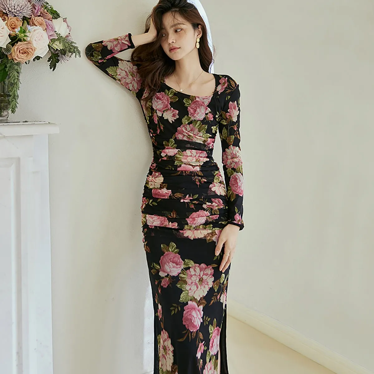 Floral Print Square Neck Long Dress