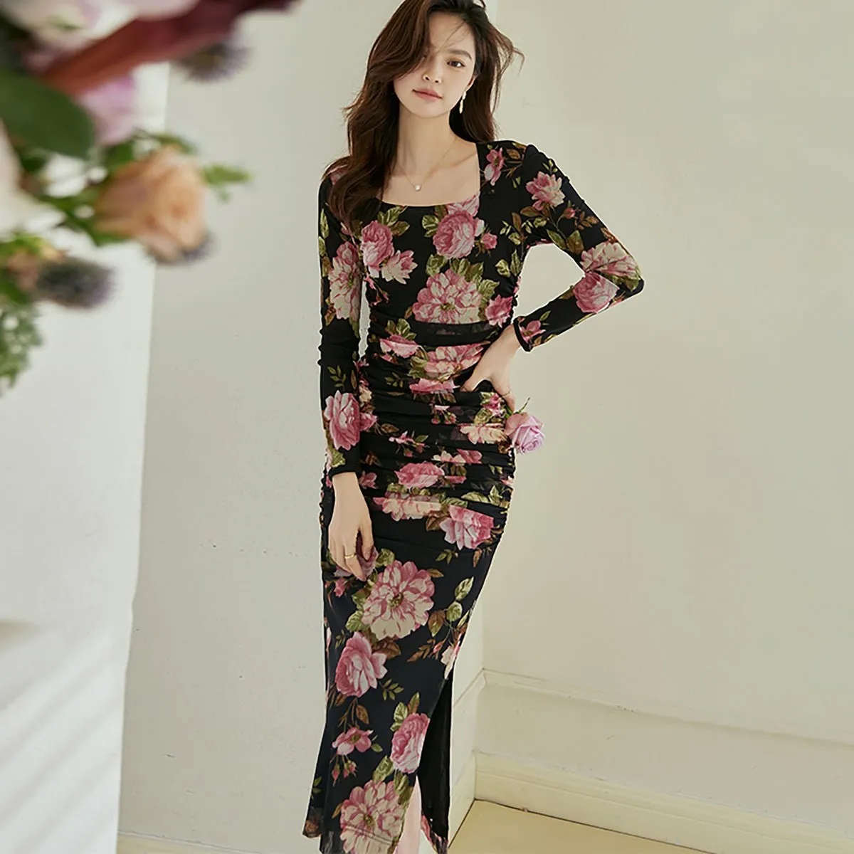 Floral Print Square Neck Long Dress