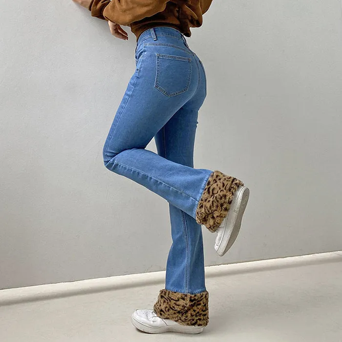 Fuzzy Leopard Trim Jeans