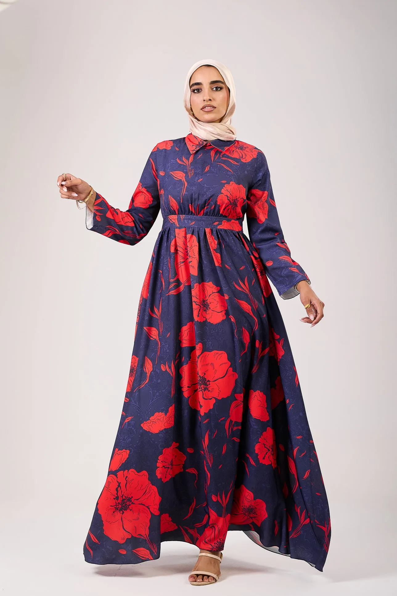 Ghufran Satin Floral Elegance Modesty Maxi Dress with Long Sleeves