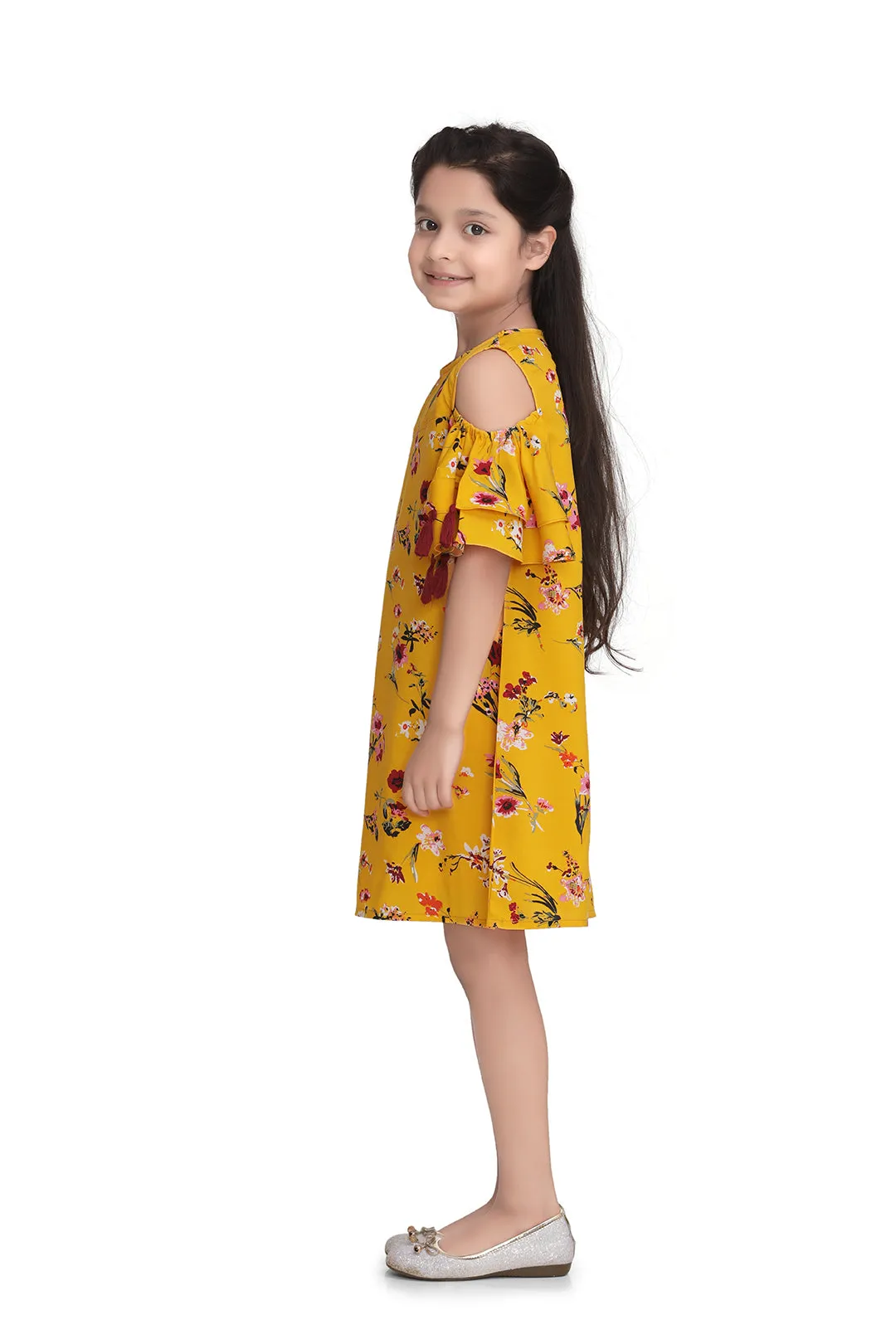 Girl's Yellow Polyester Crepe Floral Dress With Tassels - StyleStone Kid