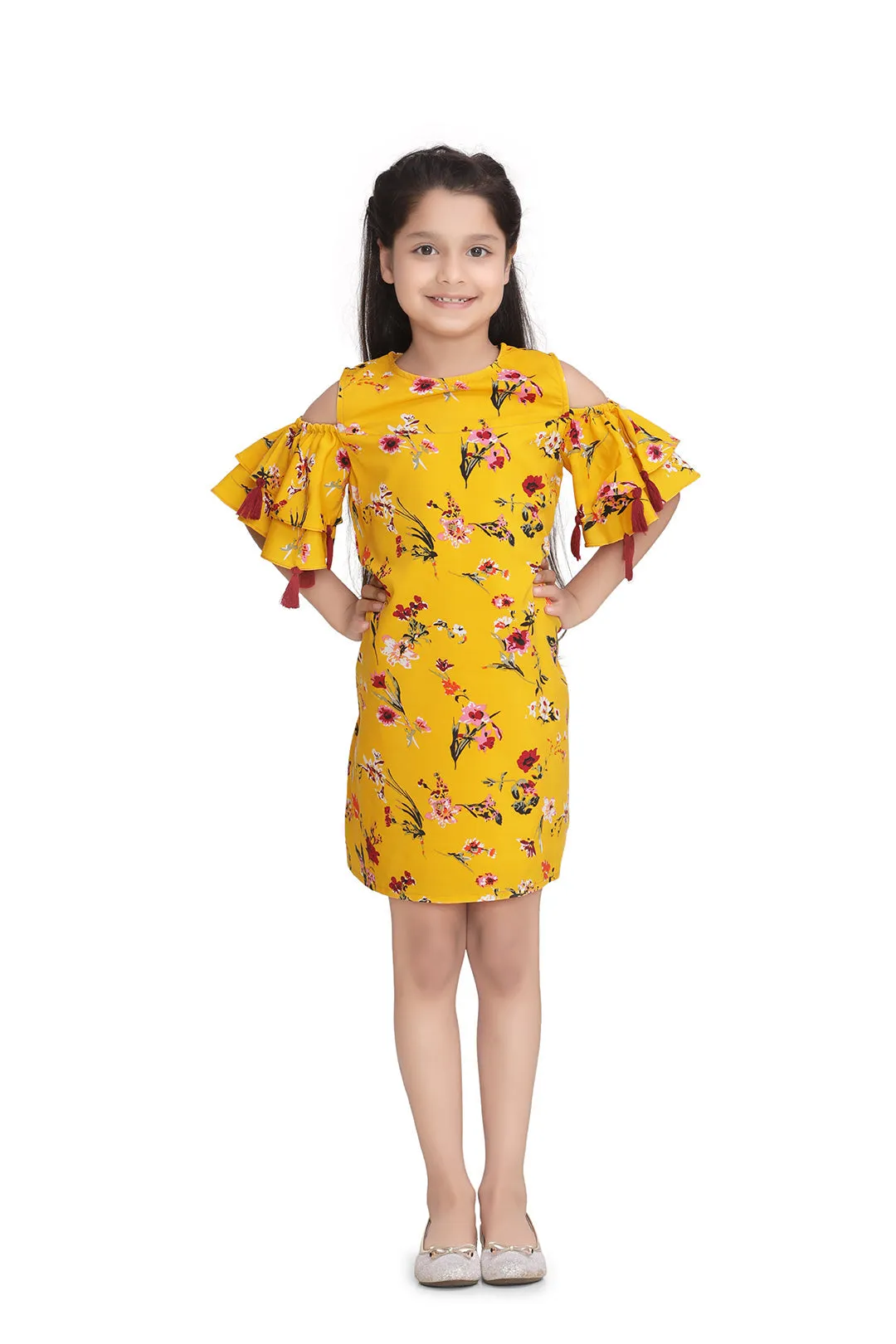 Girl's Yellow Polyester Crepe Floral Dress With Tassels - StyleStone Kid