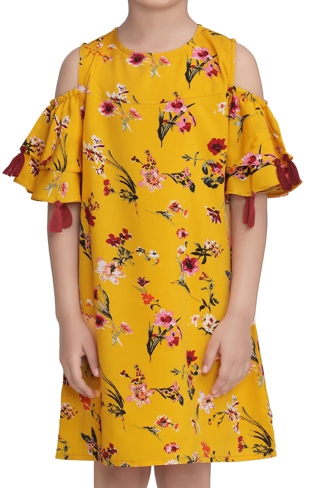 Girl's Yellow Polyester Crepe Floral Dress With Tassels - StyleStone Kid