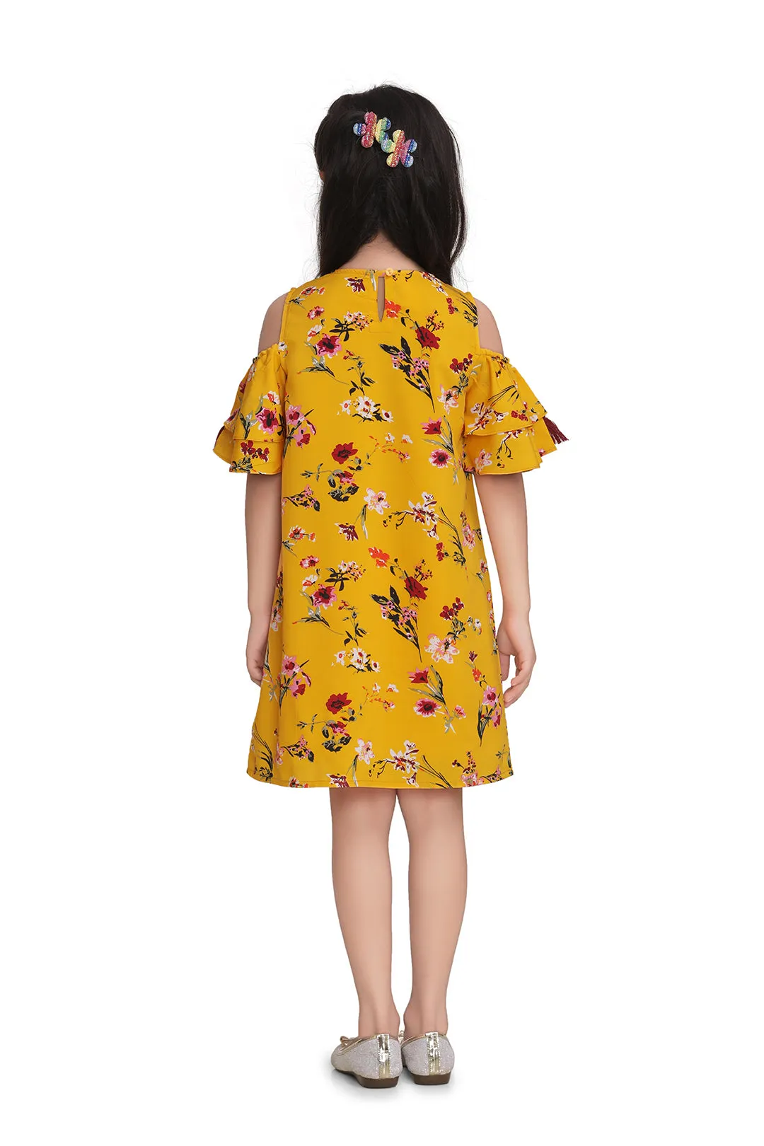 Girl's Yellow Polyester Crepe Floral Dress With Tassels - StyleStone Kid