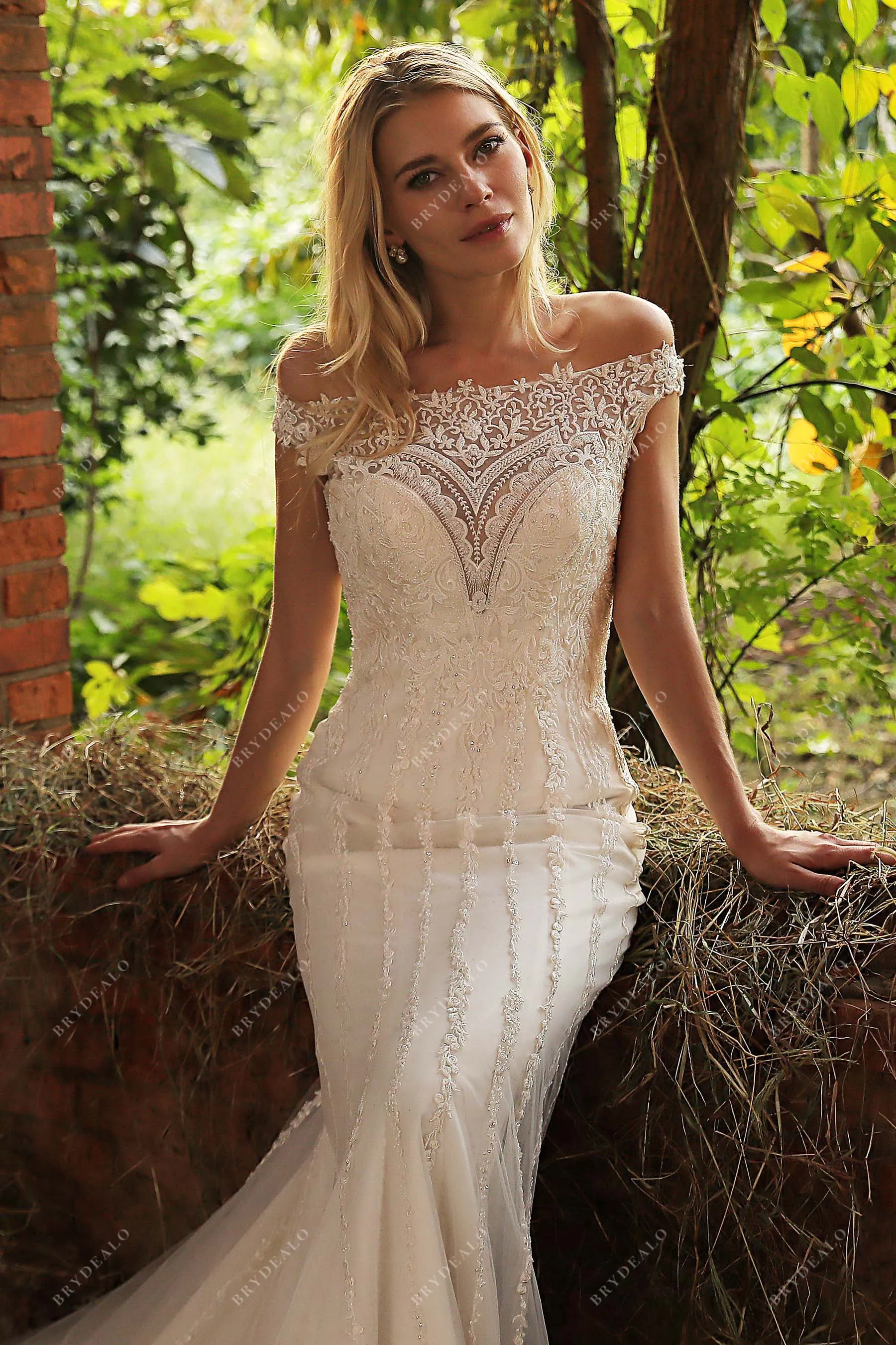 Graceful Off Shoulder Mermaid Designer Lace Wedding Gown