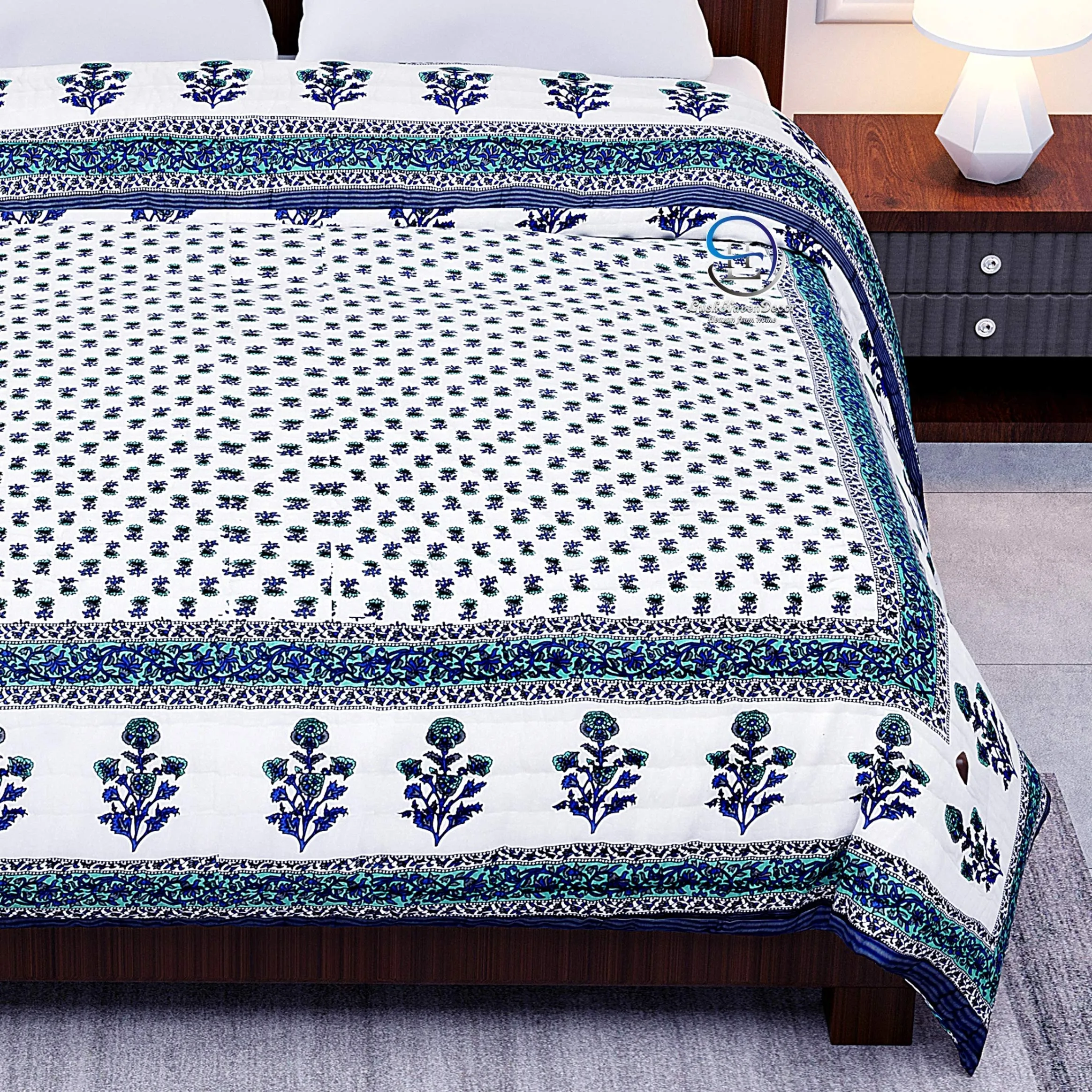 HASHIREX 400 TC Single Bed Jaipuri Razai Organic Pure Cotton Jaipuri Rajai Ac Quilt for All Season Soft Breathable Light Weight Rajasthani Cotton Quilt 55 x 85 inch (Blue Booti) Pack of 2