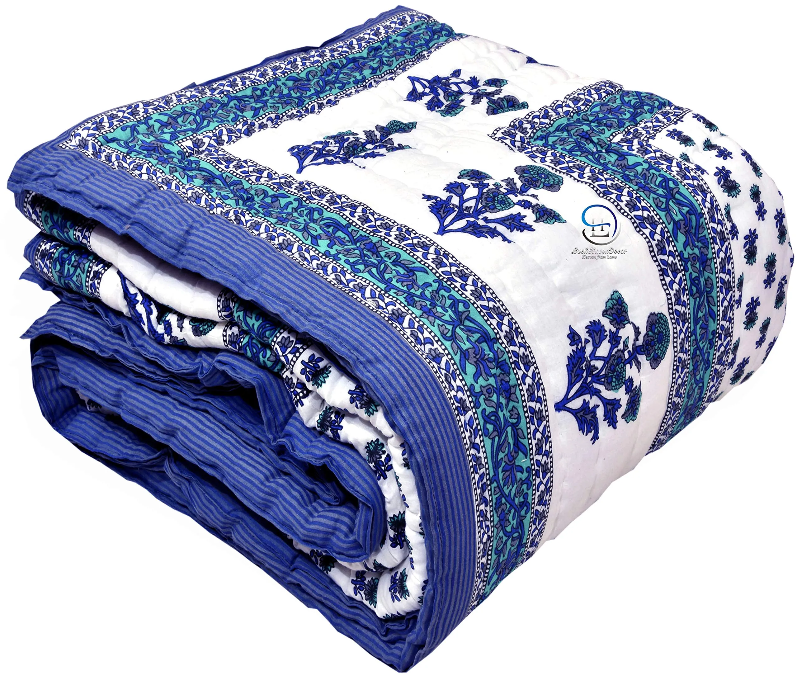 HASHIREX 400 TC Single Bed Jaipuri Razai Organic Pure Cotton Jaipuri Rajai Ac Quilt for All Season Soft Breathable Light Weight Rajasthani Cotton Quilt 55 x 85 inch (Blue Booti) Pack of 2