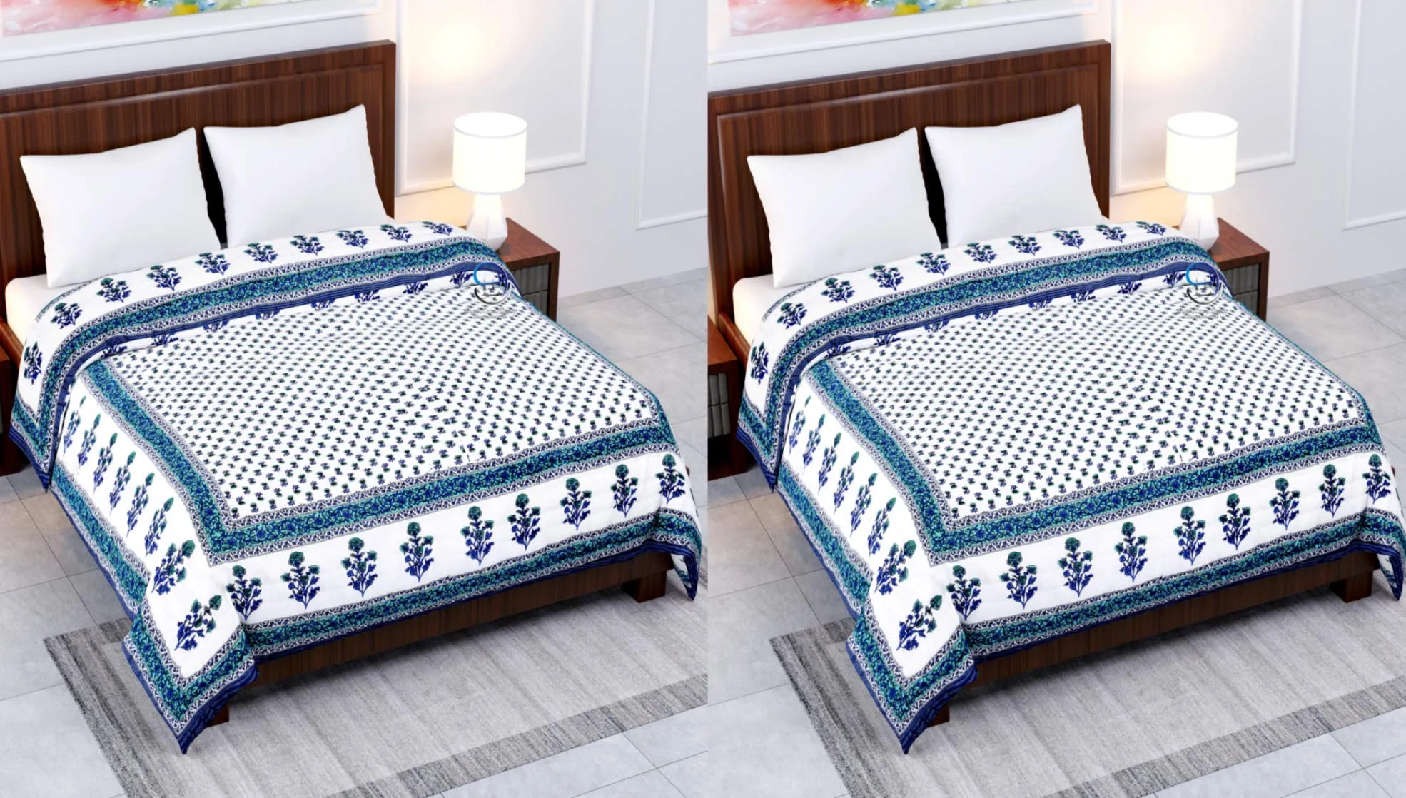 HASHIREX 400 TC Single Bed Jaipuri Razai Organic Pure Cotton Jaipuri Rajai Ac Quilt for All Season Soft Breathable Light Weight Rajasthani Cotton Quilt 55 x 85 inch (Blue Booti) Pack of 2