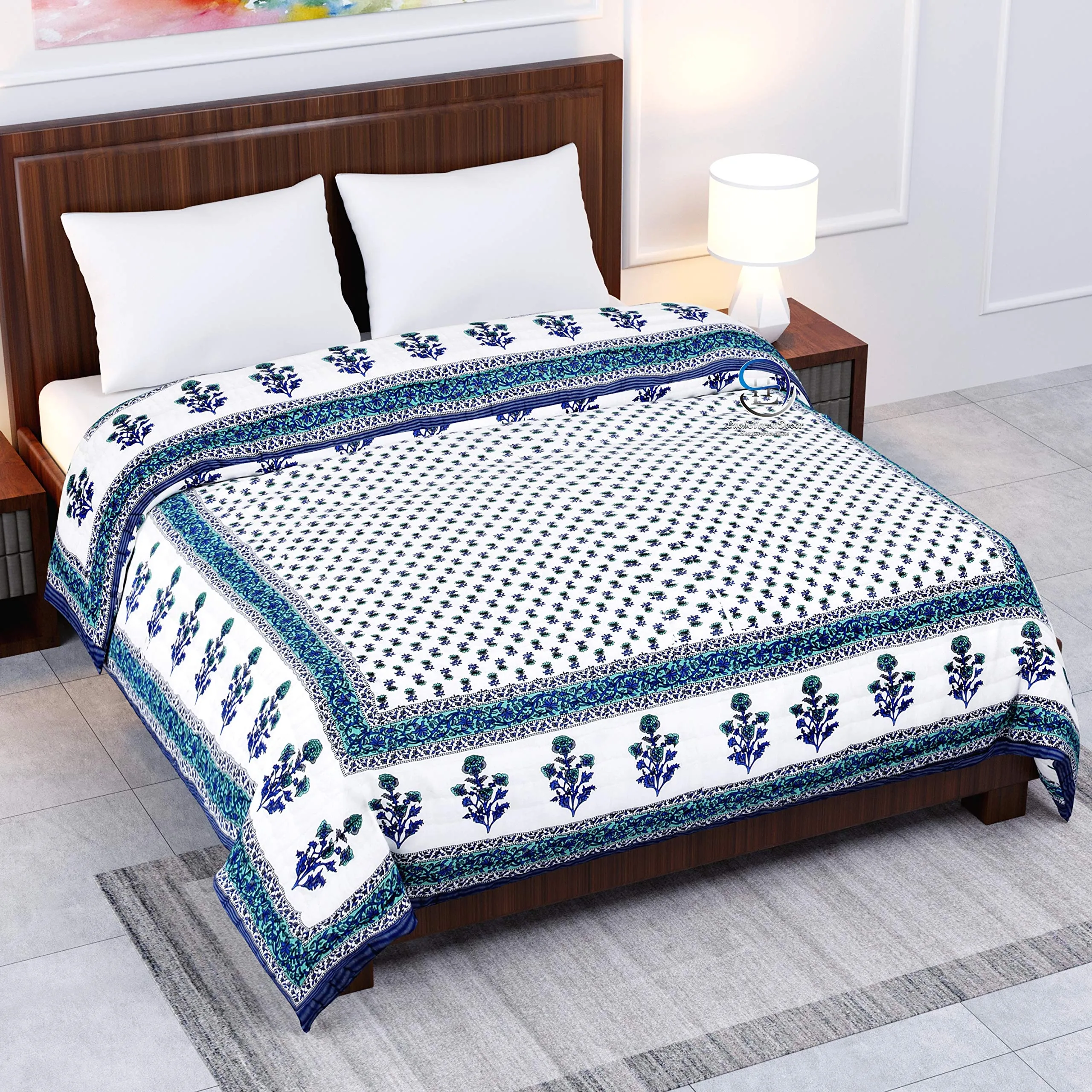 HASHIREX 400 TC Single Bed Jaipuri Razai Organic Pure Cotton Jaipuri Rajai Ac Quilt for All Season Soft Breathable Light Weight Rajasthani Cotton Quilt 55 x 85 inch (Blue Booti) Pack of 2