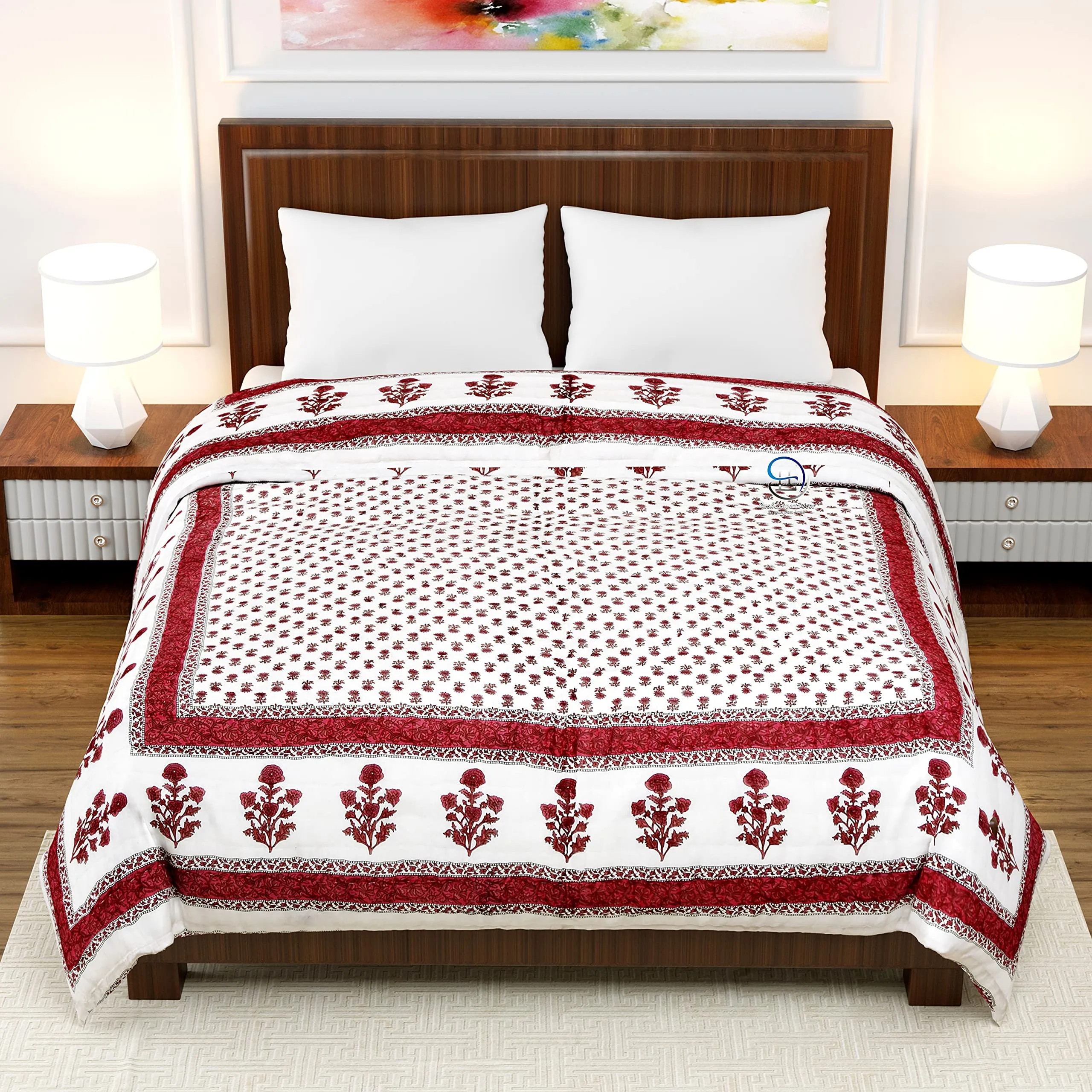 Hashirex Craft 240 TC Single Bed Cotton Jaipuri Razai Bed Blanket Ac Quilt for Winter and Summer Soft Rajasthani Traditional Rajai Cotton Comforter 90 x 60 inch Maroon