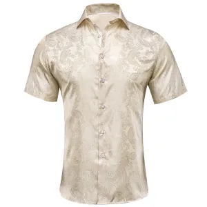 Hi-Tie Champagne Beige Paisley Silk Men's Short Sleeve Dress Shirt