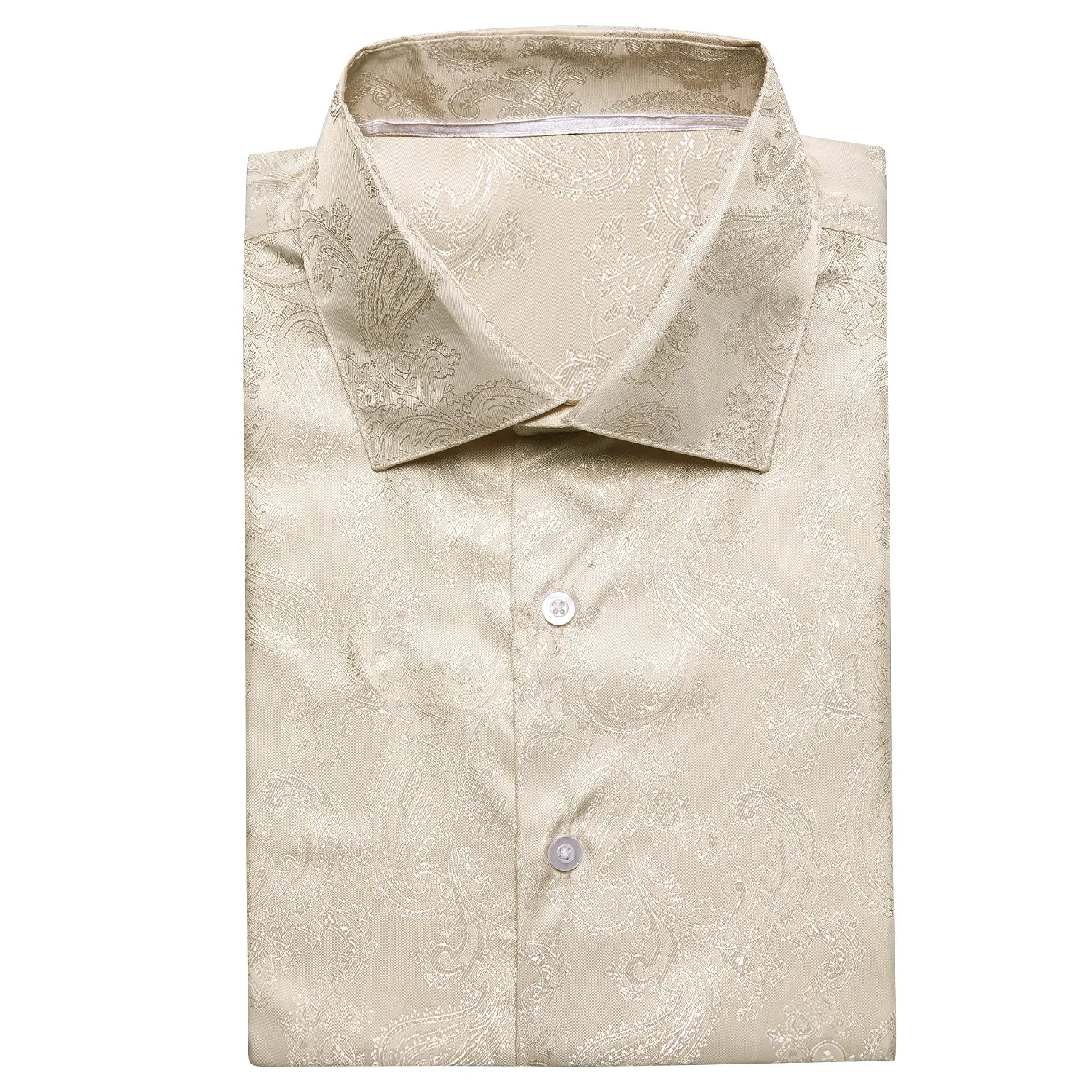 Hi-Tie Champagne Beige Paisley Silk Men's Short Sleeve Dress Shirt