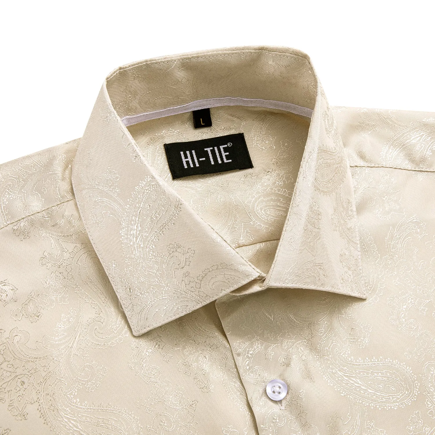 Hi-Tie Champagne Beige Paisley Silk Men's Short Sleeve Dress Shirt