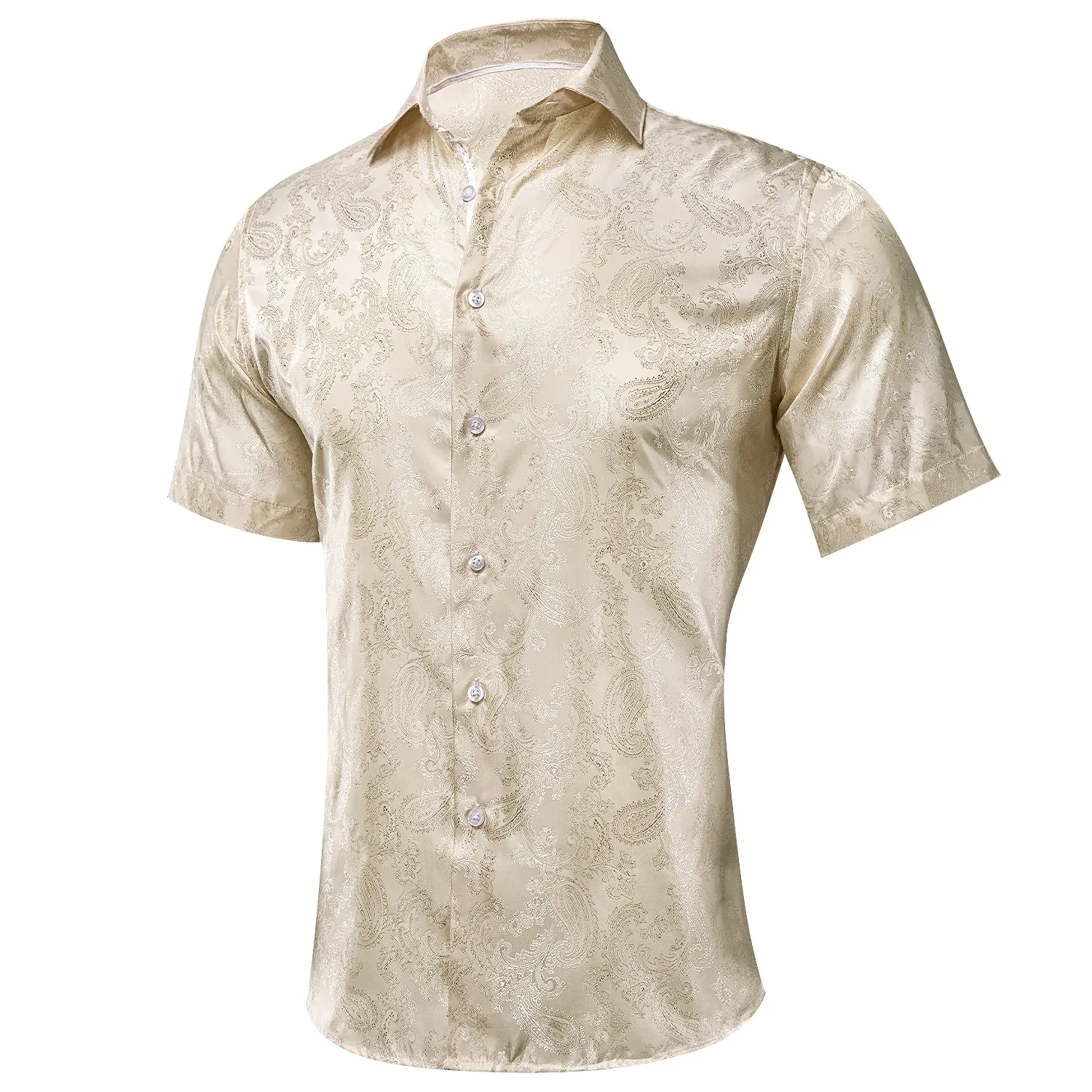 Hi-Tie Champagne Beige Paisley Silk Men's Short Sleeve Dress Shirt