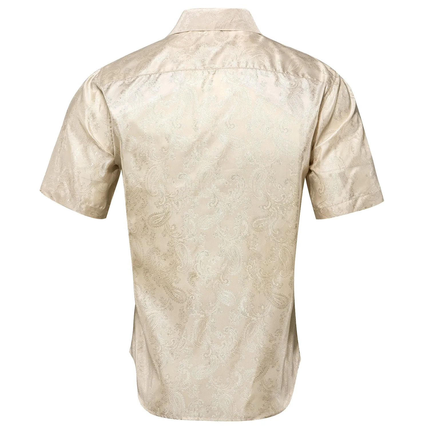 Hi-Tie Champagne Beige Paisley Silk Men's Short Sleeve Dress Shirt