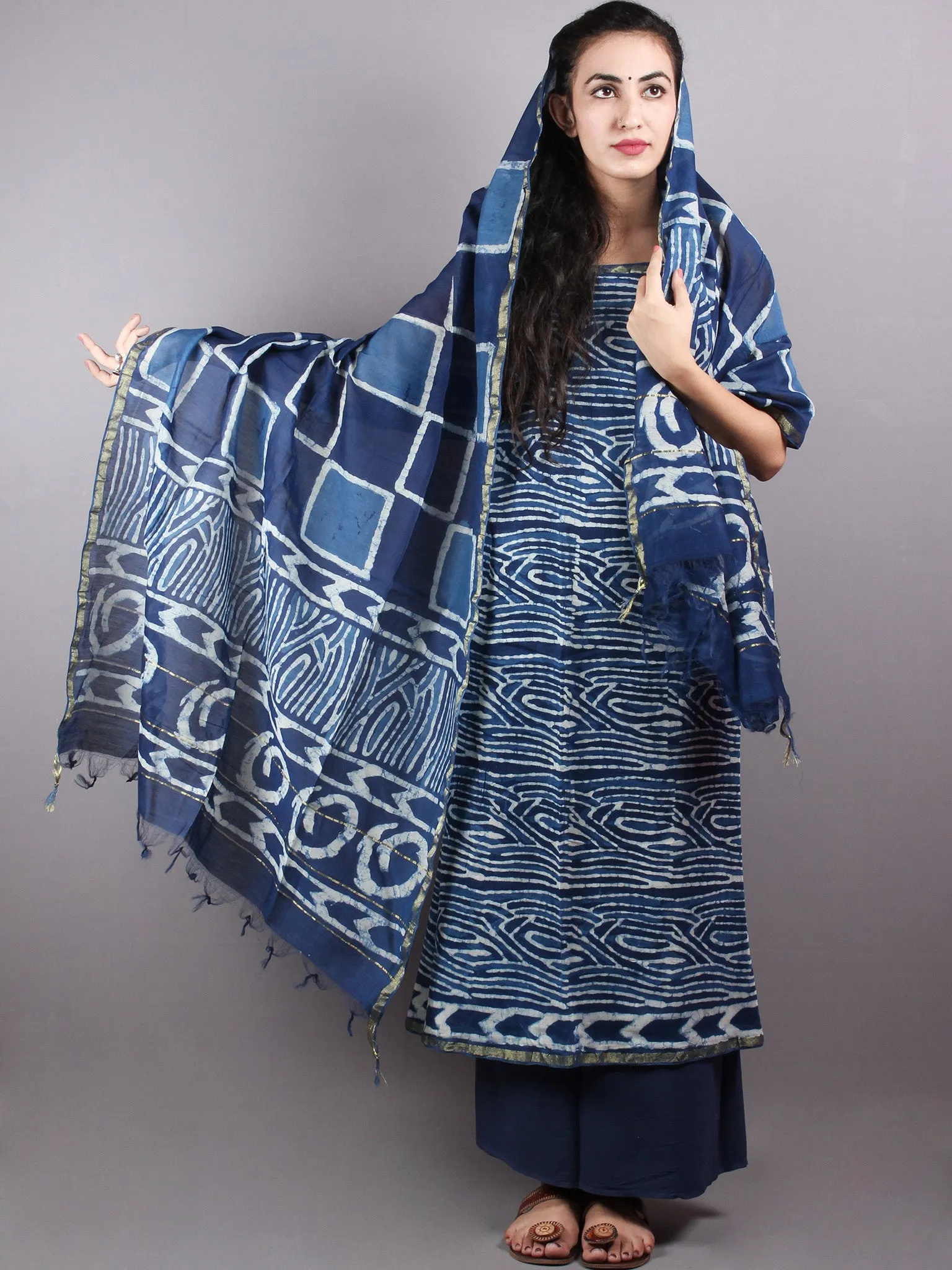 Indigo White Hand Block Printed Chanderi Unstitched Kurta & Chanderi Dupatta With Cotton Salwar - S1628006