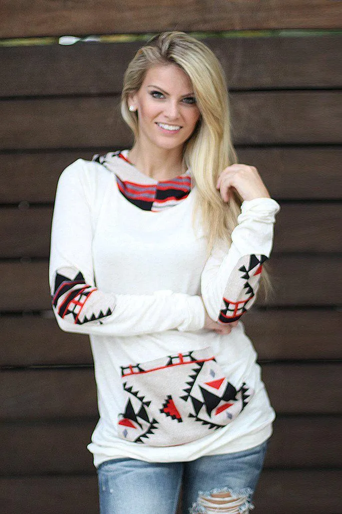 Ivory Aztec Hoodie with Pocket