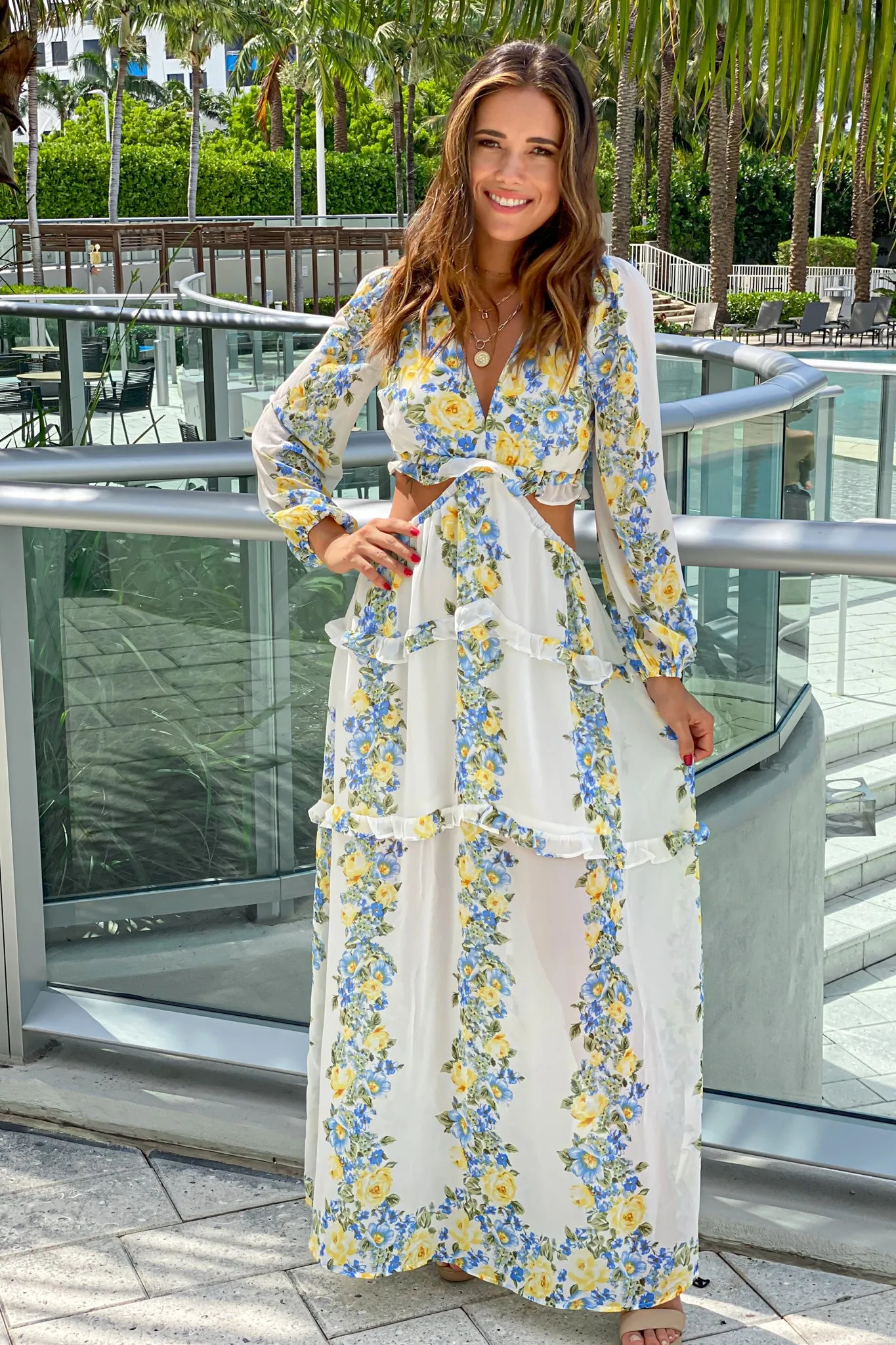 Ivory Floral Maxi Dress with Cut Outs