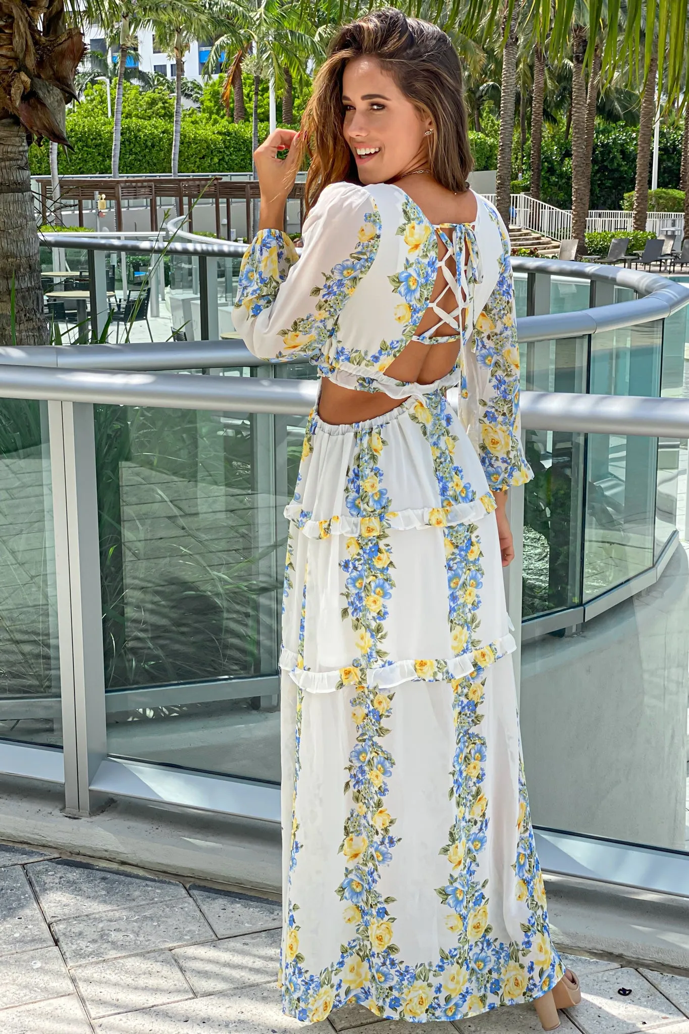 Ivory Floral Maxi Dress with Cut Outs