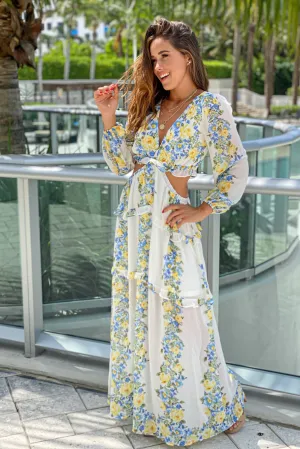 Ivory Floral Maxi Dress with Cut Outs