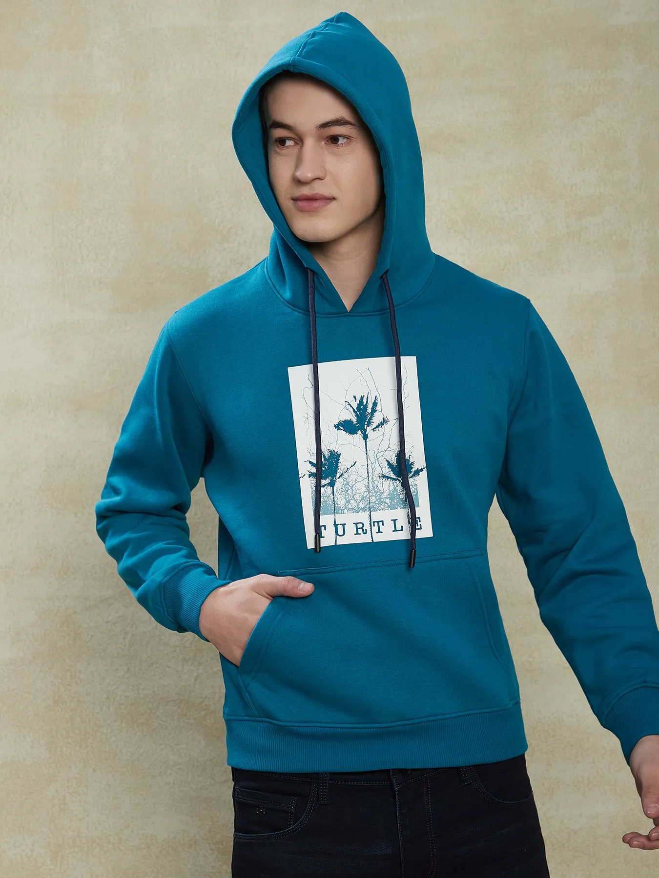 Knitted Turquoise Printed Regular Fit Full Sleeve Casual Sweatshirt