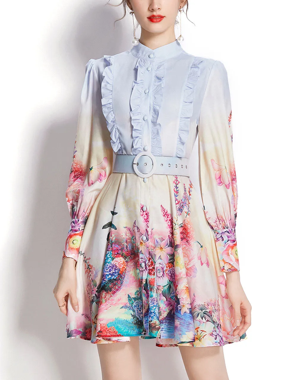 Light Blue Stand Collar Ruffles Floral Print Long Sleeve Boho Dress Mini Dress