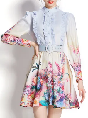 Light Blue Stand Collar Ruffles Floral Print Long Sleeve Boho Dress Mini Dress