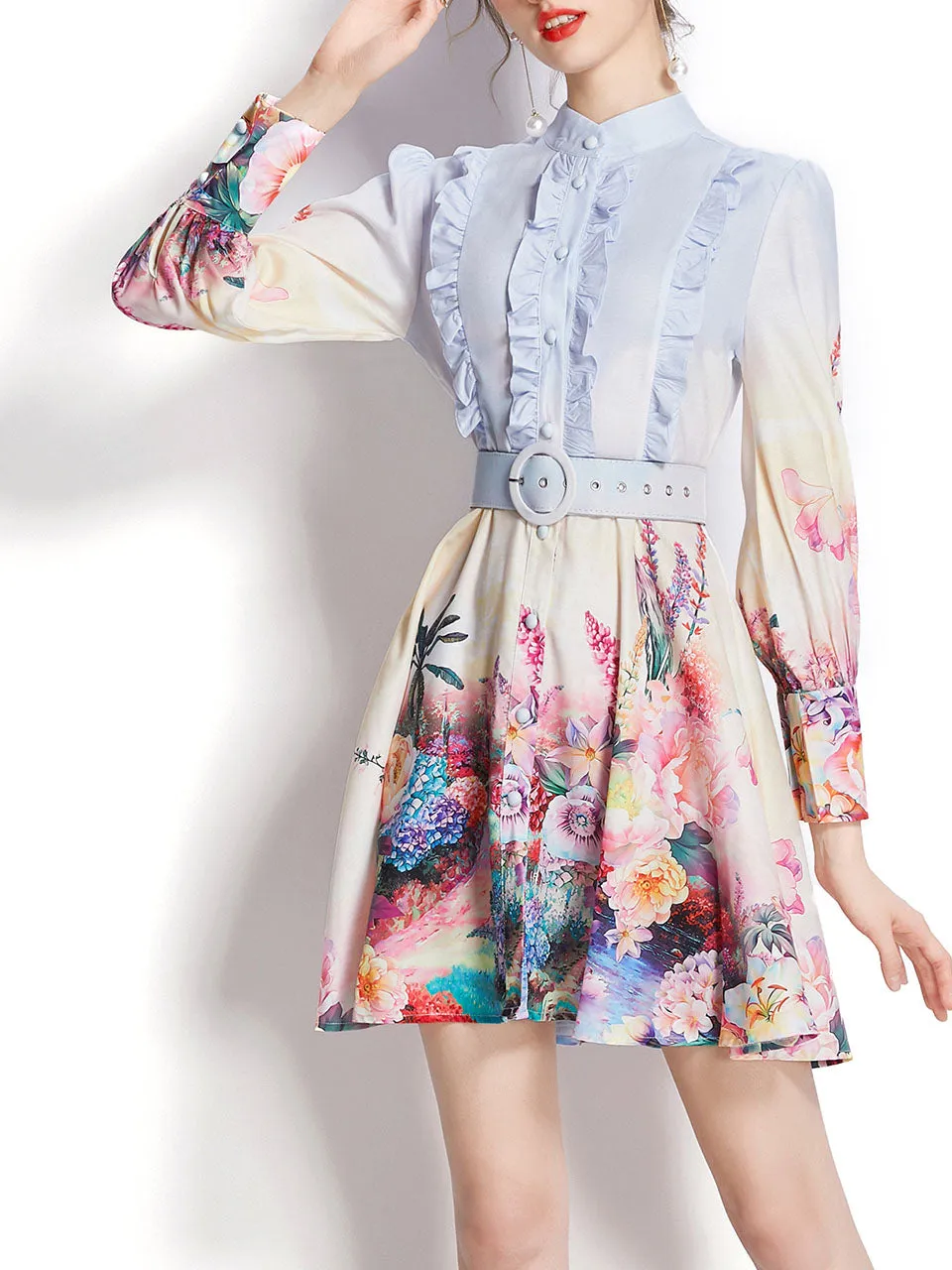 Light Blue Stand Collar Ruffles Floral Print Long Sleeve Boho Dress Mini Dress