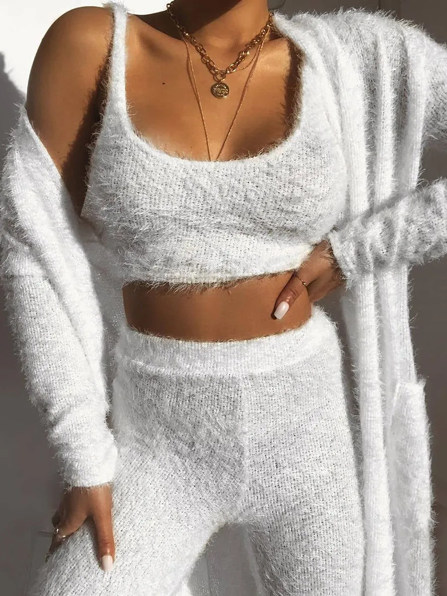 Long Cardigan Tank Top and High Waist Trousers Knitted Three-piece