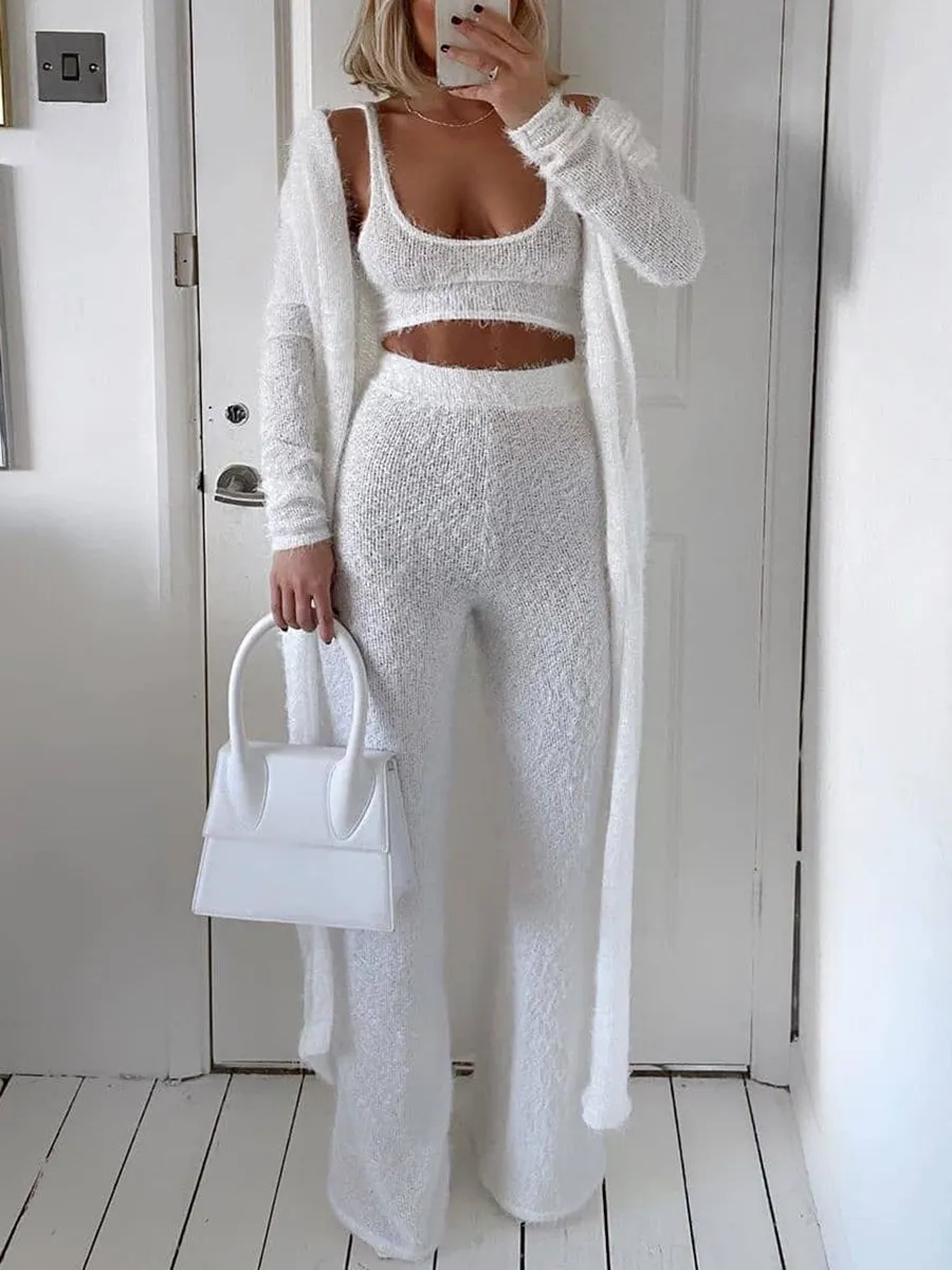 Long Cardigan Tank Top and High Waist Trousers Knitted Three-piece