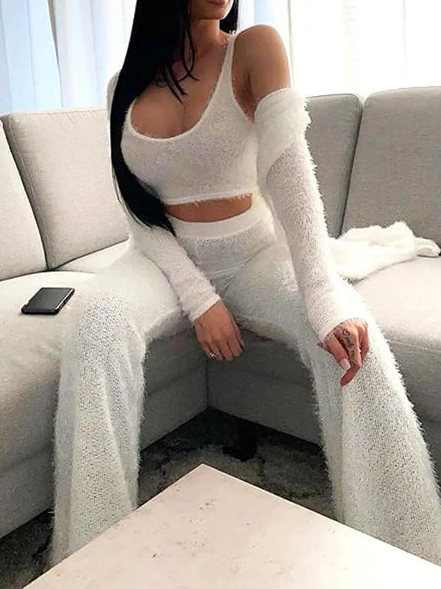 Long Cardigan Tank Top and High Waist Trousers Knitted Three-piece