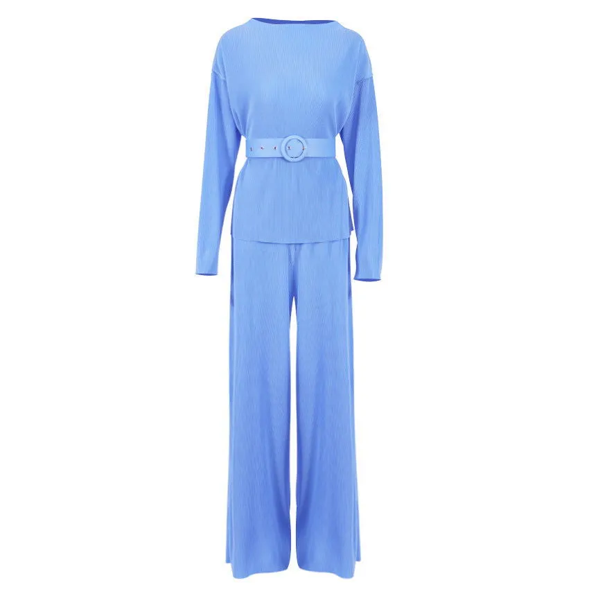 Long Sleeve Pleated Woven Top & Wide Leg Pants With Belt