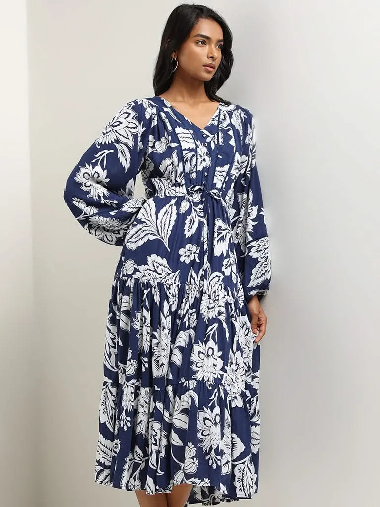 LOV Navy Botanical Print Midi Dress