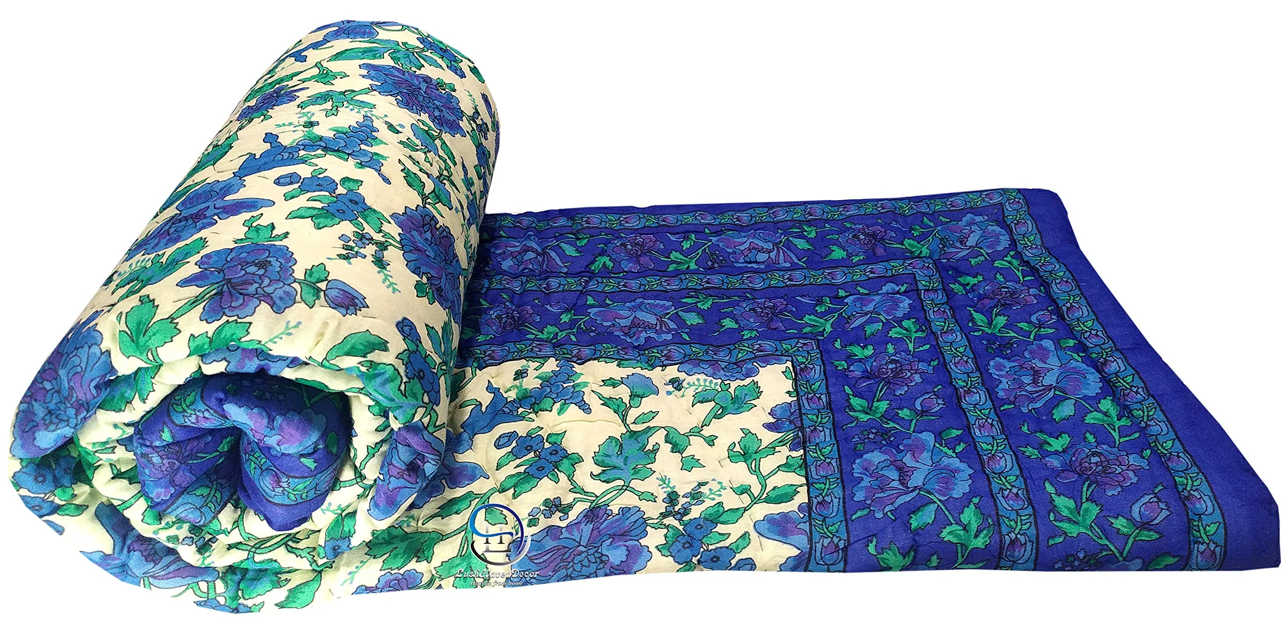 LushHavenDecor Rajasthani Light Weight Double Bed Soft Jaipuri Quilt/Razai Designer Blue mughal Floral Cotton Quilts Blankets for Home (Size 85X100 inch)