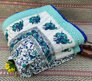 LushHavenDecor Rajasthani Traditional Cotton and Microfiber Jaipuri razai ac Blanket Blue Camel Animal Print with Floral Design Single Bed (Both Sided) Jaipuri Quilt 55 x 85 inch - Blue