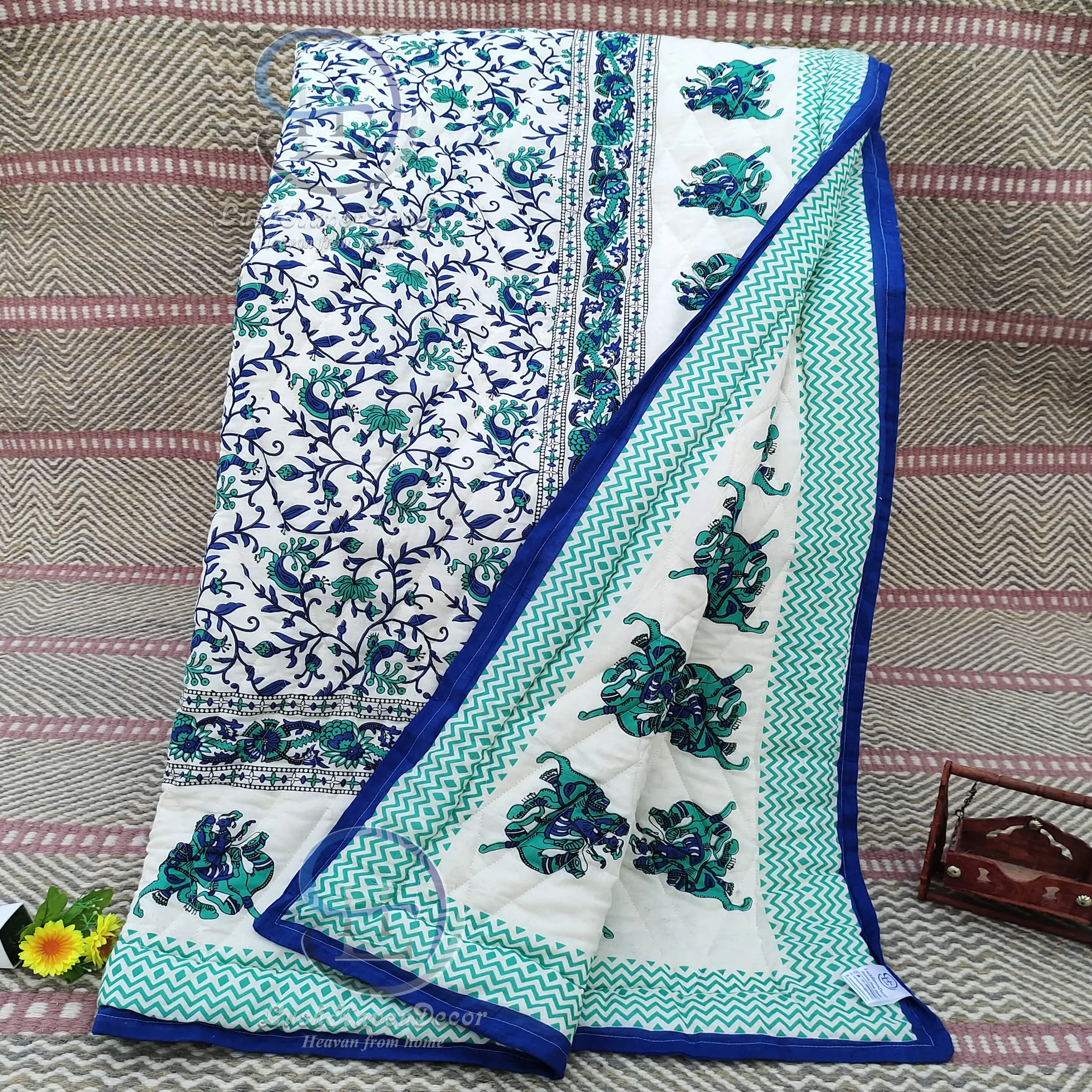 LushHavenDecor Rajasthani Traditional Cotton and Microfiber Jaipuri razai ac Blanket Blue Camel Animal Print with Floral Design Single Bed (Both Sided) Jaipuri Quilt 55 x 85 inch - Blue