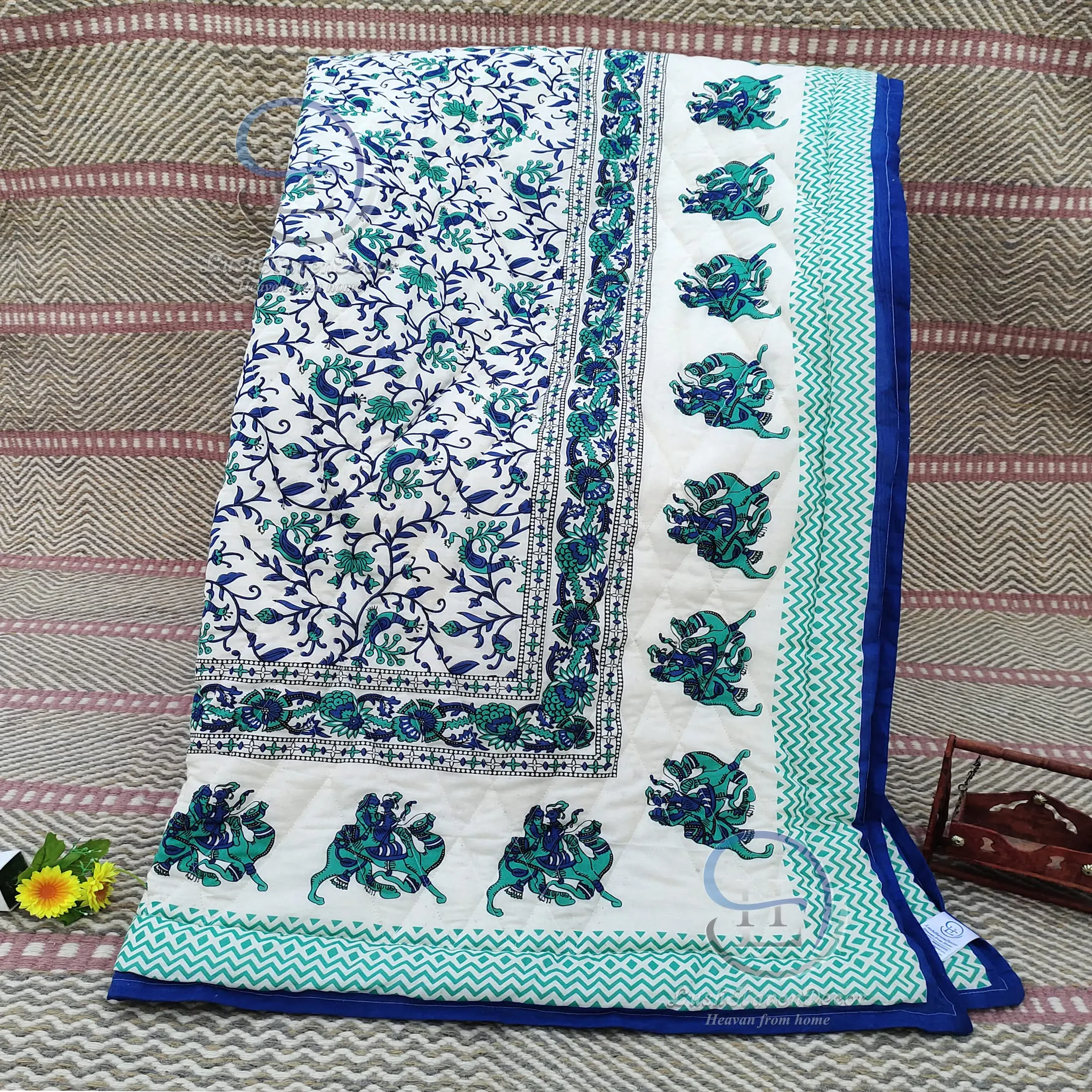 LushHavenDecor Rajasthani Traditional Cotton and Microfiber Jaipuri razai ac Blanket Blue Camel Animal Print with Floral Design Single Bed (Both Sided) Jaipuri Quilt 55 x 85 inch - Blue