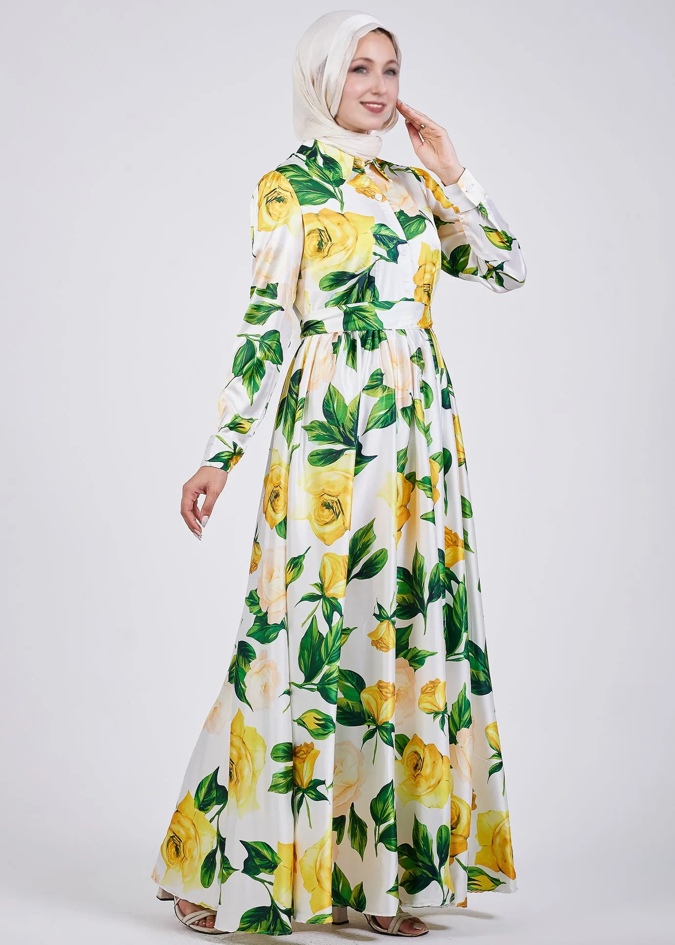 Manal Elegance Satin Maxi Dress with Yellow Rose Floral Print