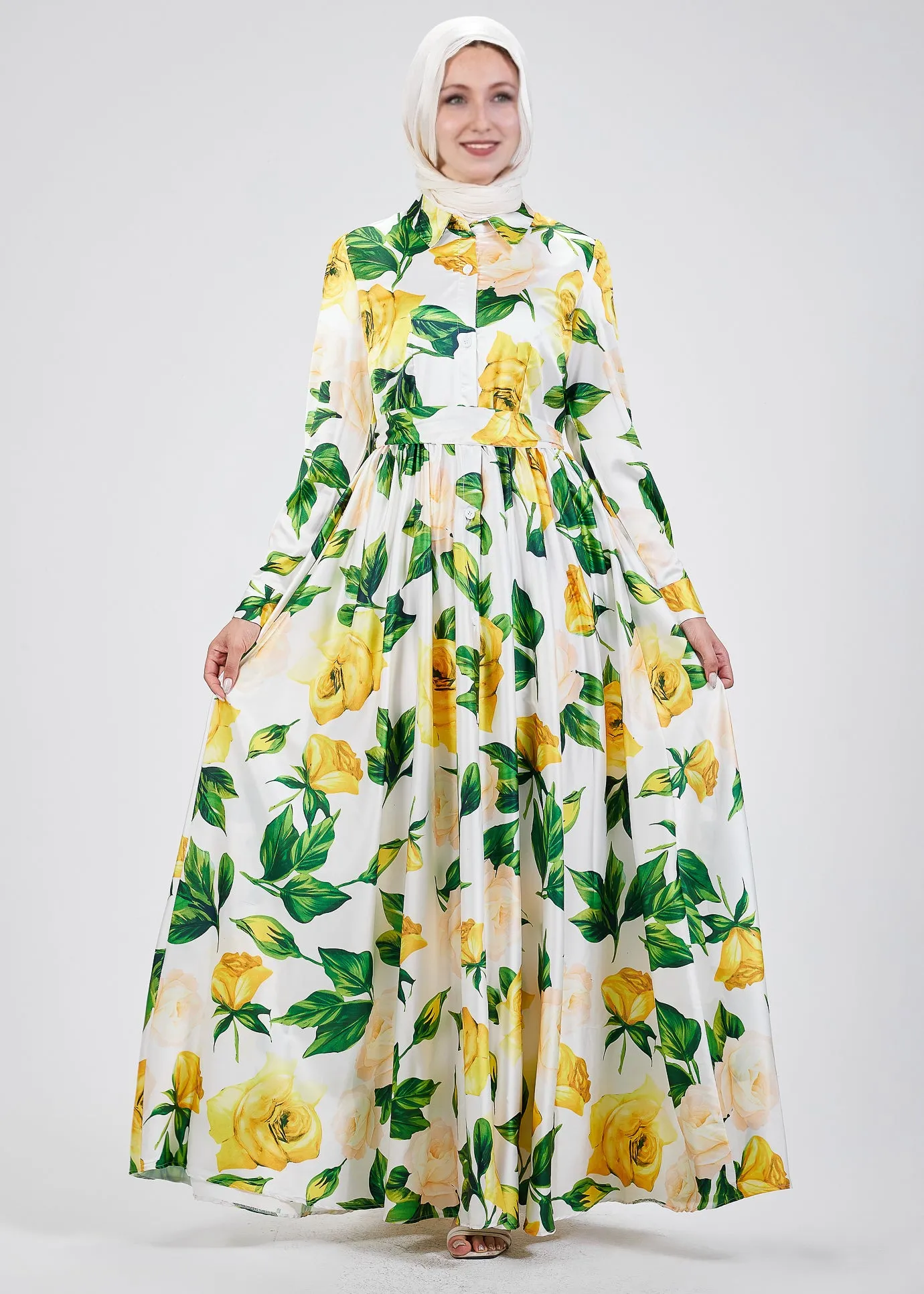 Manal Elegance Satin Maxi Dress with Yellow Rose Floral Print