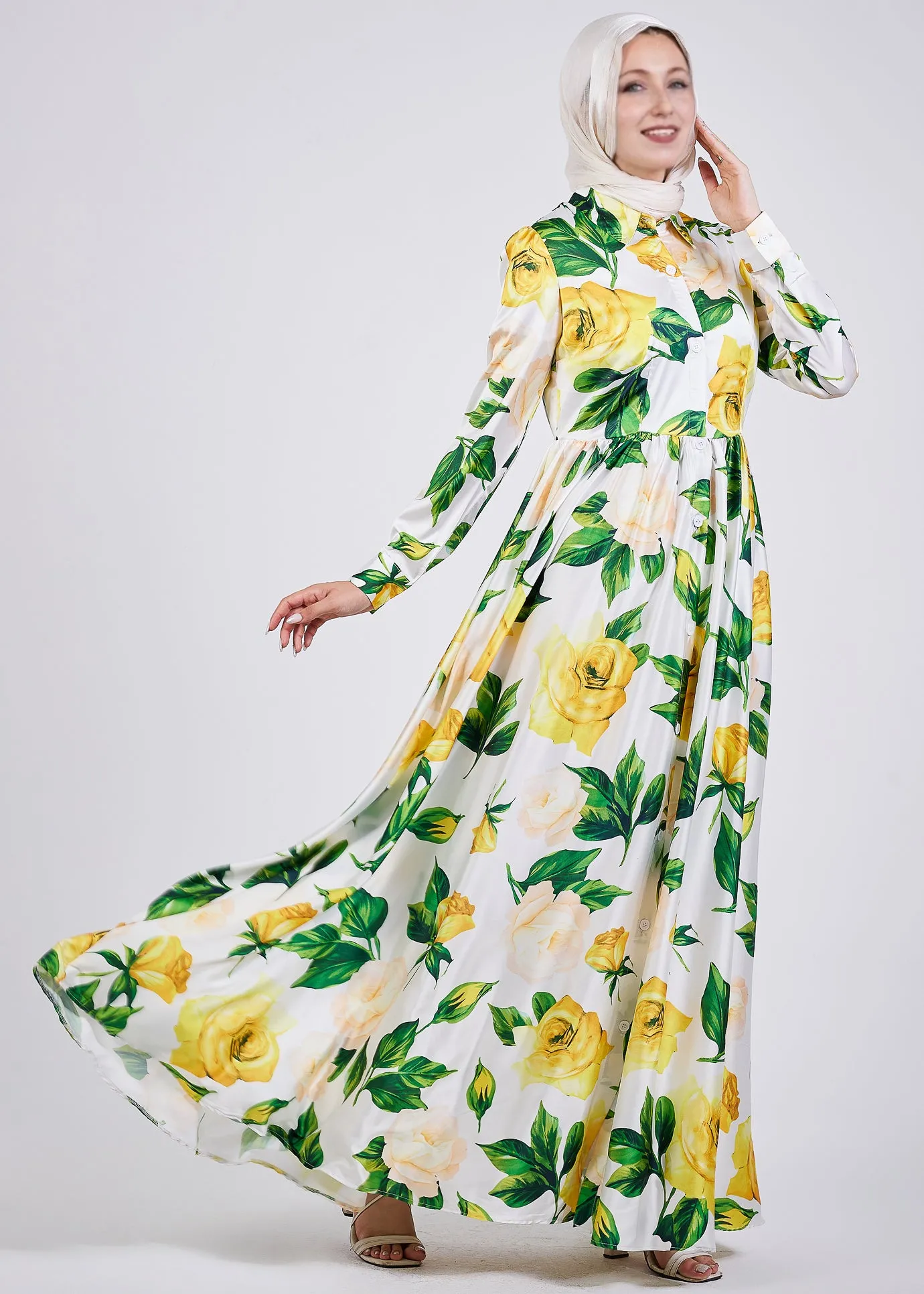 Manal Elegance Satin Maxi Dress with Yellow Rose Floral Print