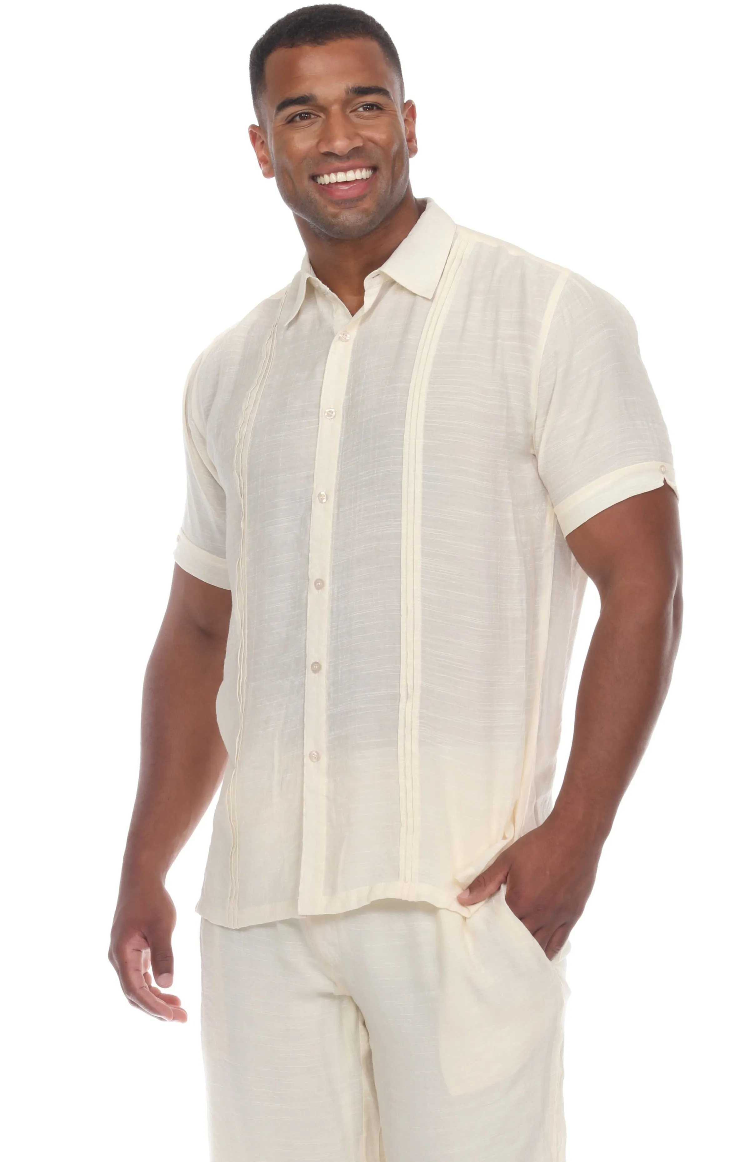 Men's Button Down Beachwear Short Sleeve Shirt with Pleating Design